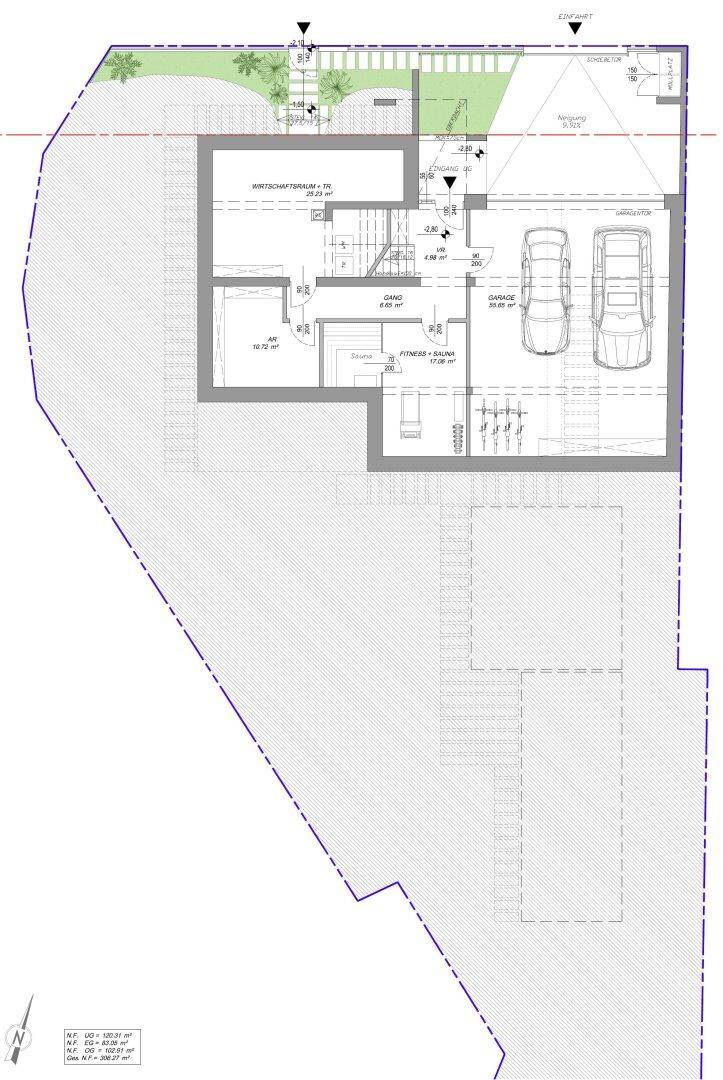 Grundriss des Untergeschosses mit Garage, Fitnessraum und Abstellraum.