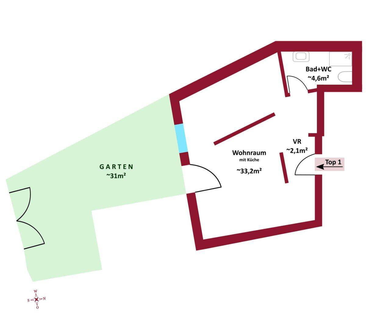 Grundriss von Top 1 zeigt offenen Wohnbereich mit Küche, Bad und privatem Garten.