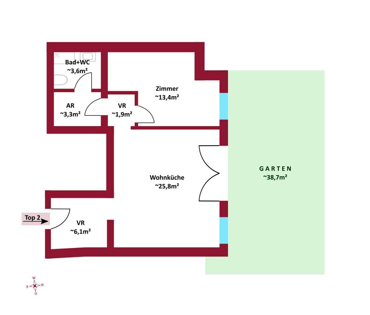 Grundriss der Erdgeschosseinheit mit Wohnküche, Zimmer, Bad und Garten.
