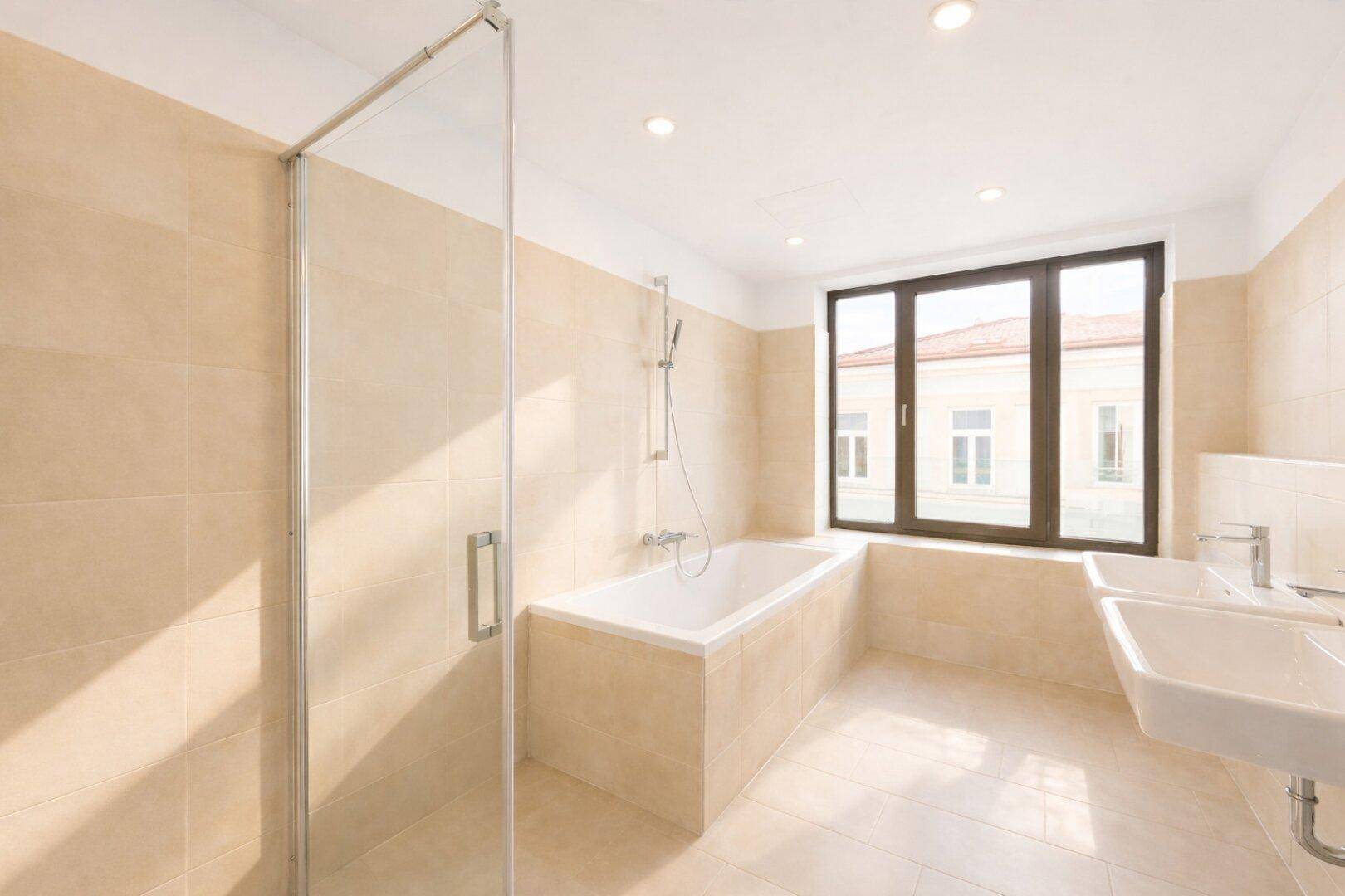 Modernes Badezimmer mit beigen Fliesen, Badewanne, Dusche und Doppelwaschbecken.
