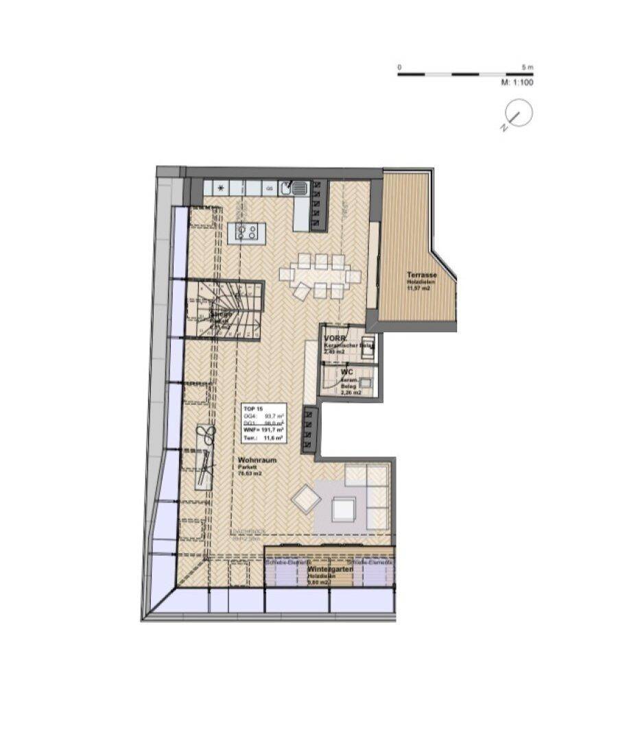 Grundriss des unteren Stockwerks mit offenem Wohnbereich, Küche und Terrasse.