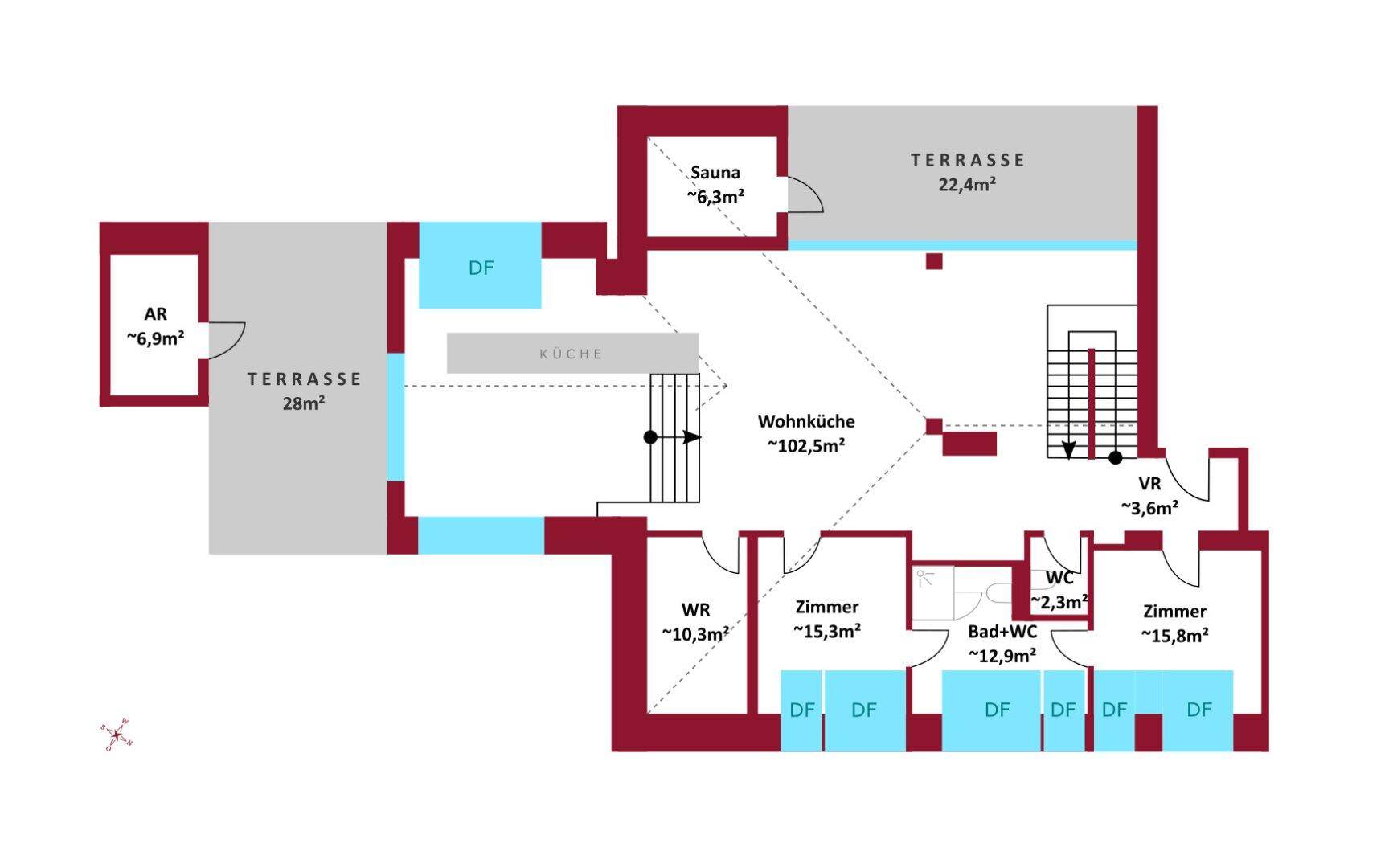 Detaillierter Grundriss mit großer Wohnküche, zwei Terrassen, Sauna und mehreren Zimmern.