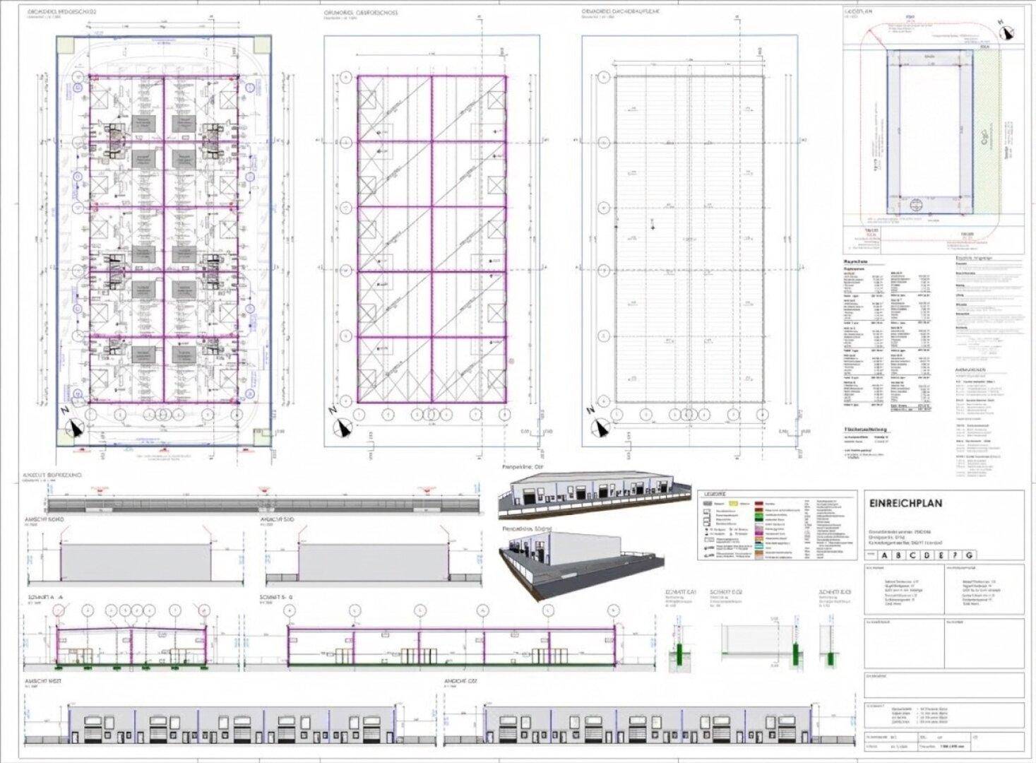 Umfassende Baupläne mit Grundrissen, Schnitten, Ansichten und einer 3D-Visualisierung des Gebäudes.