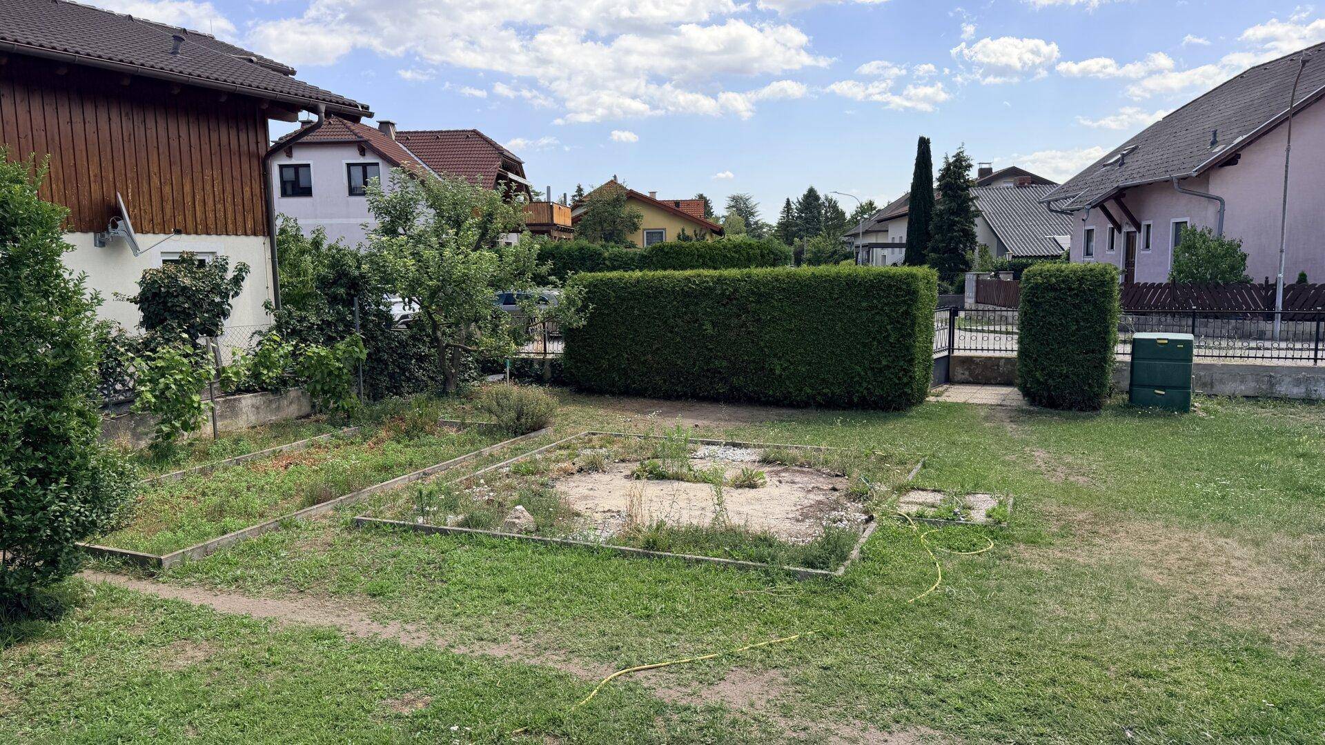 Großer Gartenbereich mit Rasenfläche, Hecke und umliegenden Häusern.
