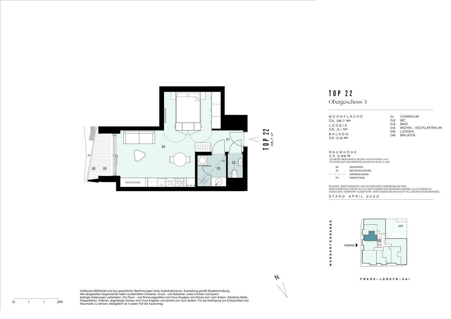 Grundriss der Wohnung Top 22 mit offenem Wohn-Schlafbereich und Balkon.