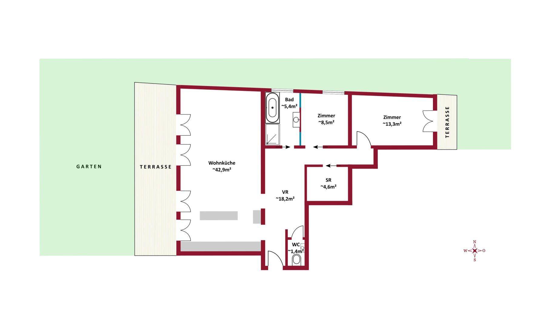 Grundriss mit offener Wohnküche, zwei Zimmern, Bad, separatem WC, Terrasse und Garten.