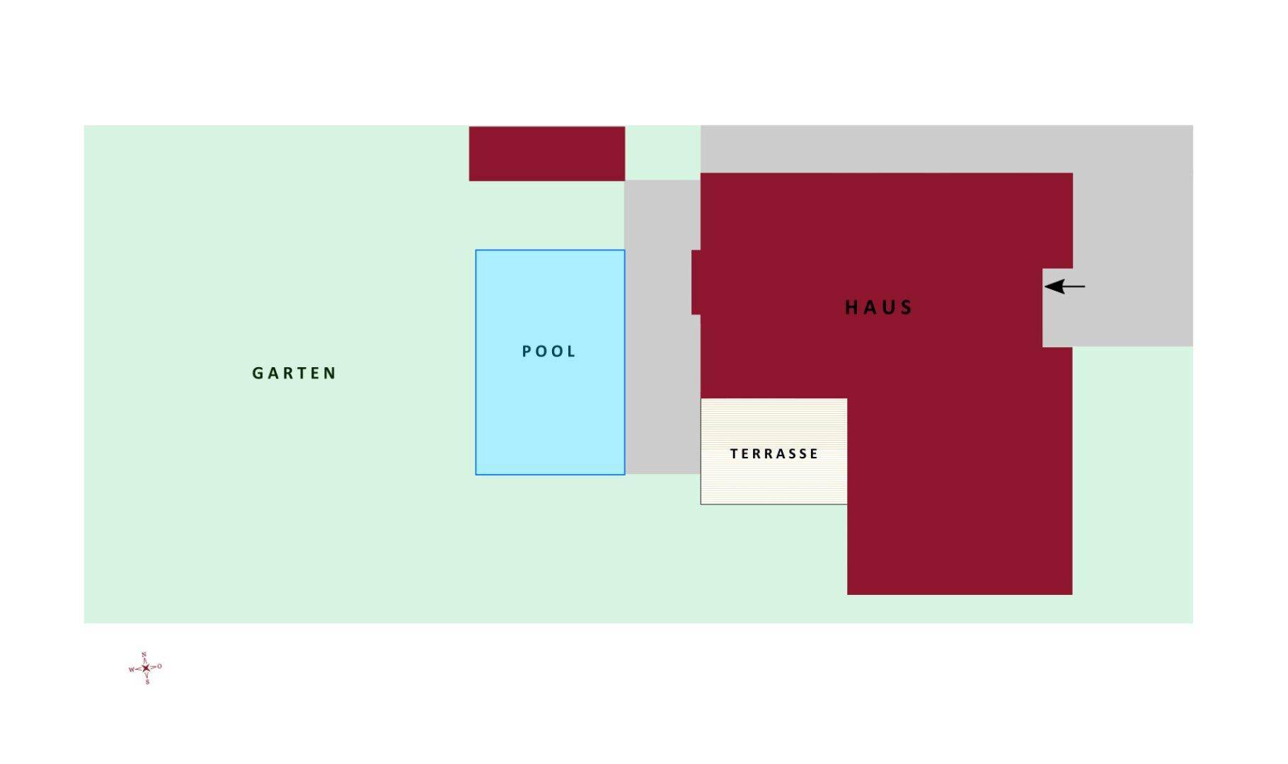 Übersichtsgrundriss des Grundstücks mit Haus, Pool, Terrasse und Gartenbereich.