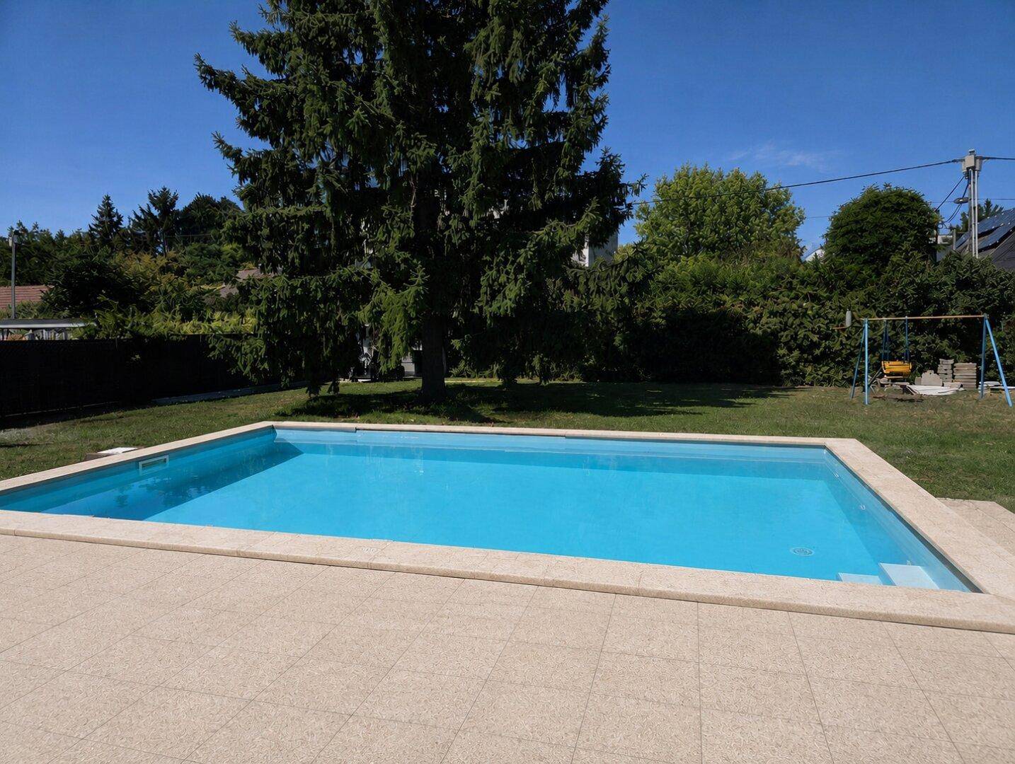 Rechteckiger Swimmingpool im Garten mit großer Rasenfläche und hohen Bäumen im Hintergrund.