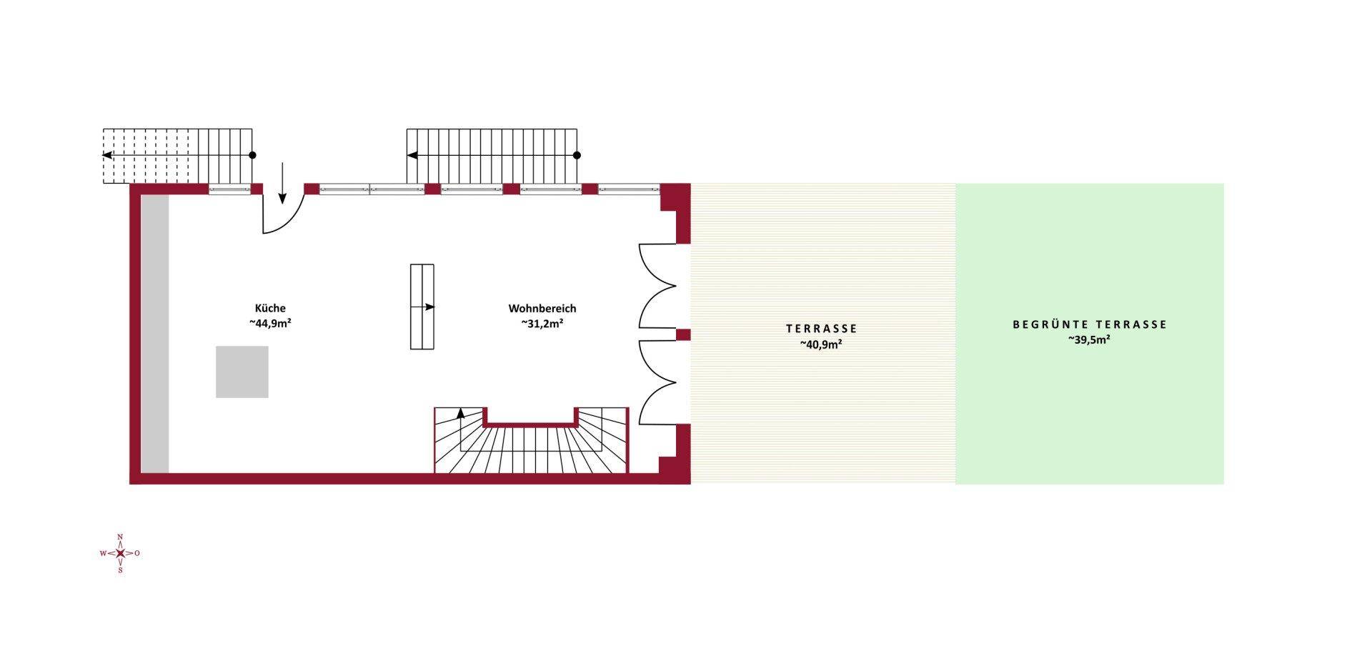 Grundriss zeigt einen offenen Wohnbereich mit Küche, Zugang zu einer Terrasse und einem begrünten Außenbereich.