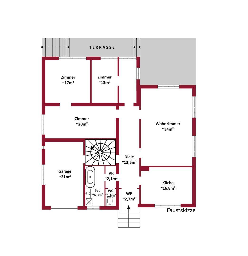 Grundriss des Erdgeschosses mit Wohnzimmer, Küche, mehreren Zimmern, Bad, WC und Terrasse.