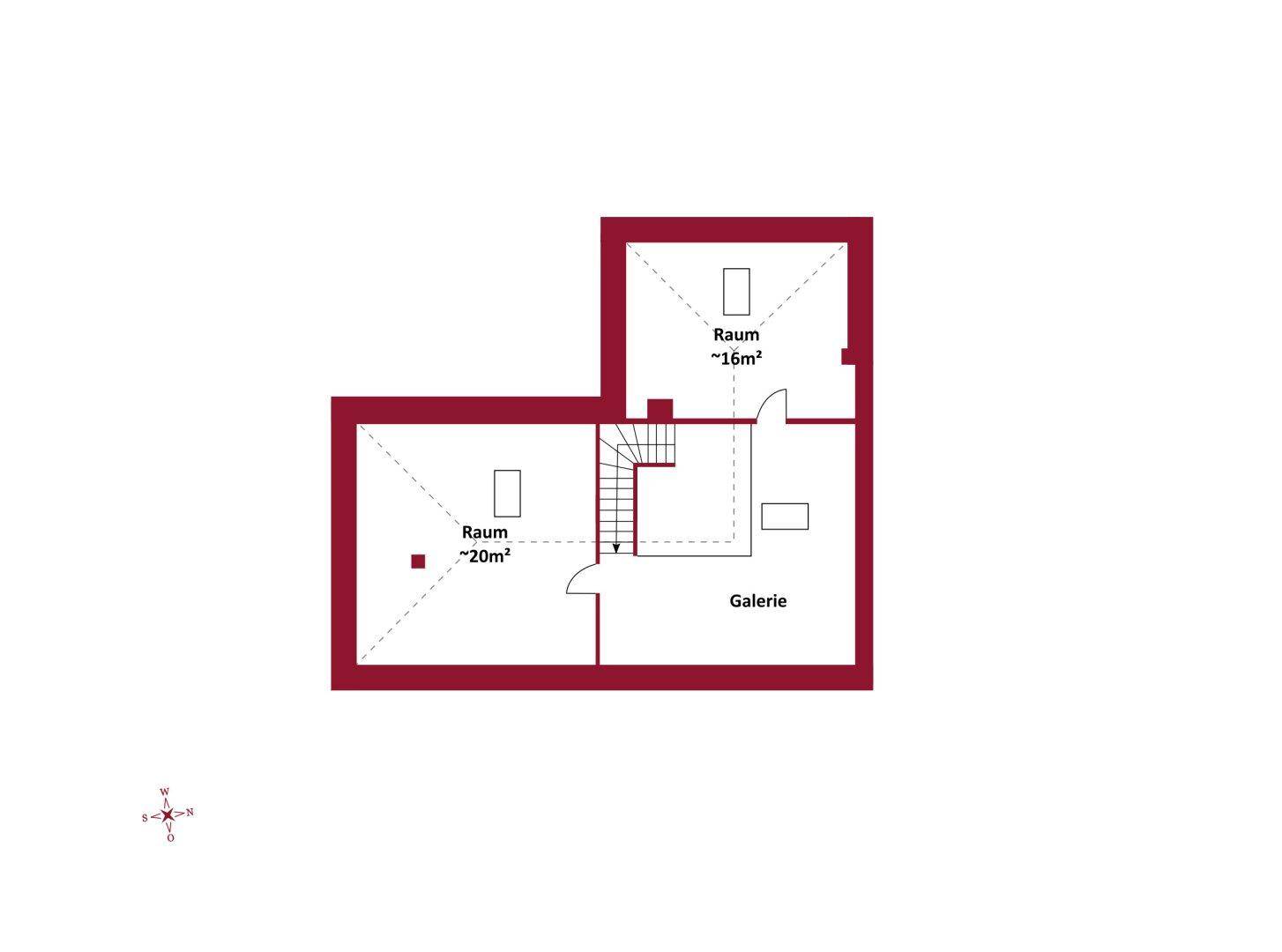 Grundriss des Obergeschosses mit zwei Zimmern und einer offenen Galerie, ideal für flexible Nutzung.