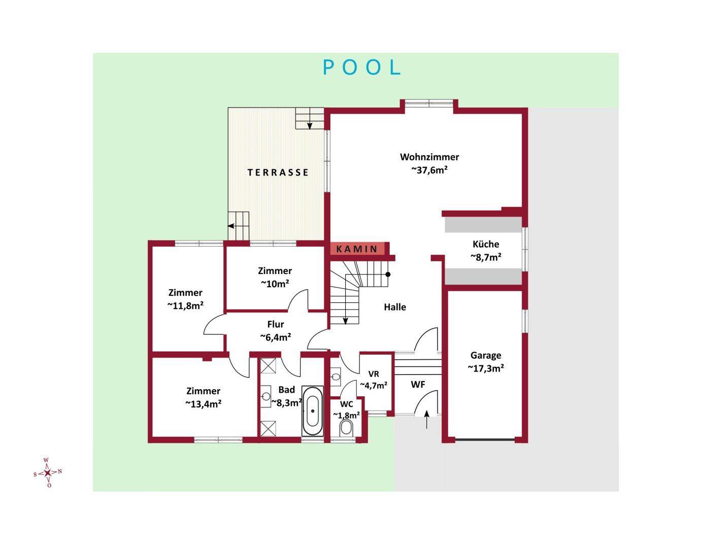 Grundriss des Erdgeschosses mit Wohnzimmer, Küche, Bad, Garage, Terrasse und direktem Poolzugang.