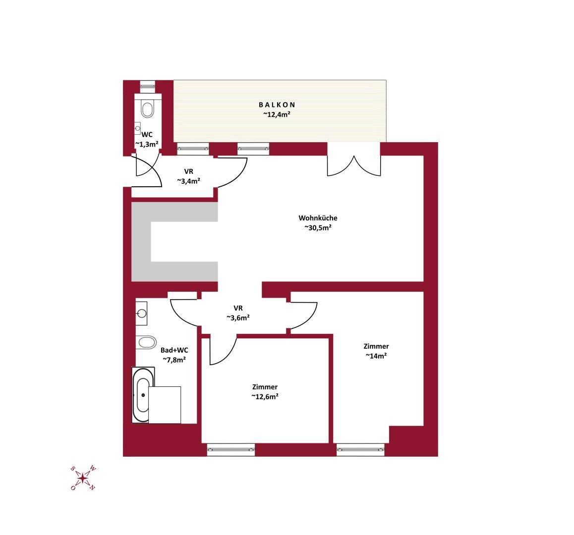 Grundriss der Wohnung mit Balkon, Wohnküche, zwei Zimmern und zwei Bädern.
