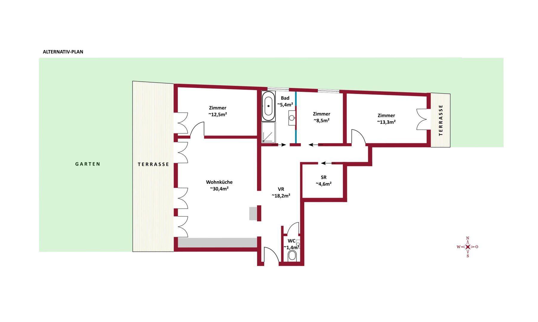 Alternativer Grundriss mit offener Wohnküche, zwei Schlafzimmern, Bad, separatem WC und Zugang zu Terrasse und Garten.