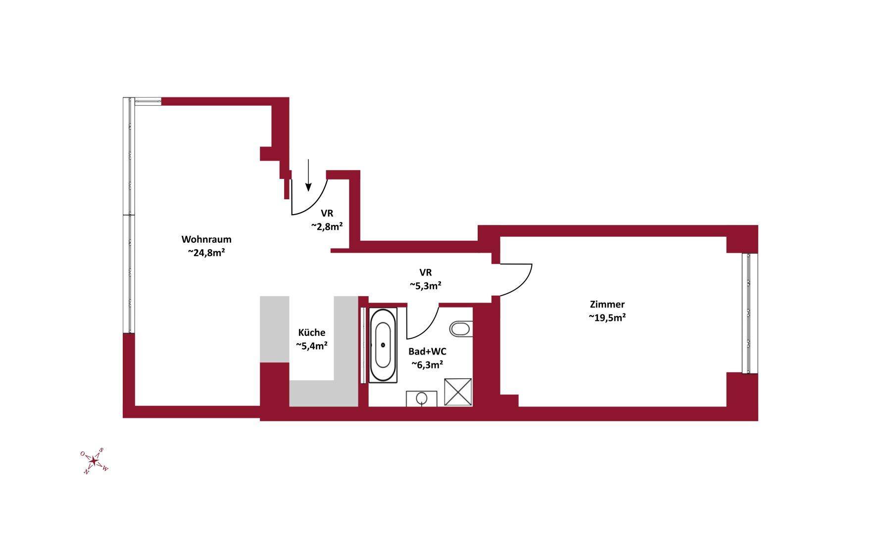 Grundriss einer Wohnung mit Wohnraum, Küche, Bad und einem weiteren Zimmer.