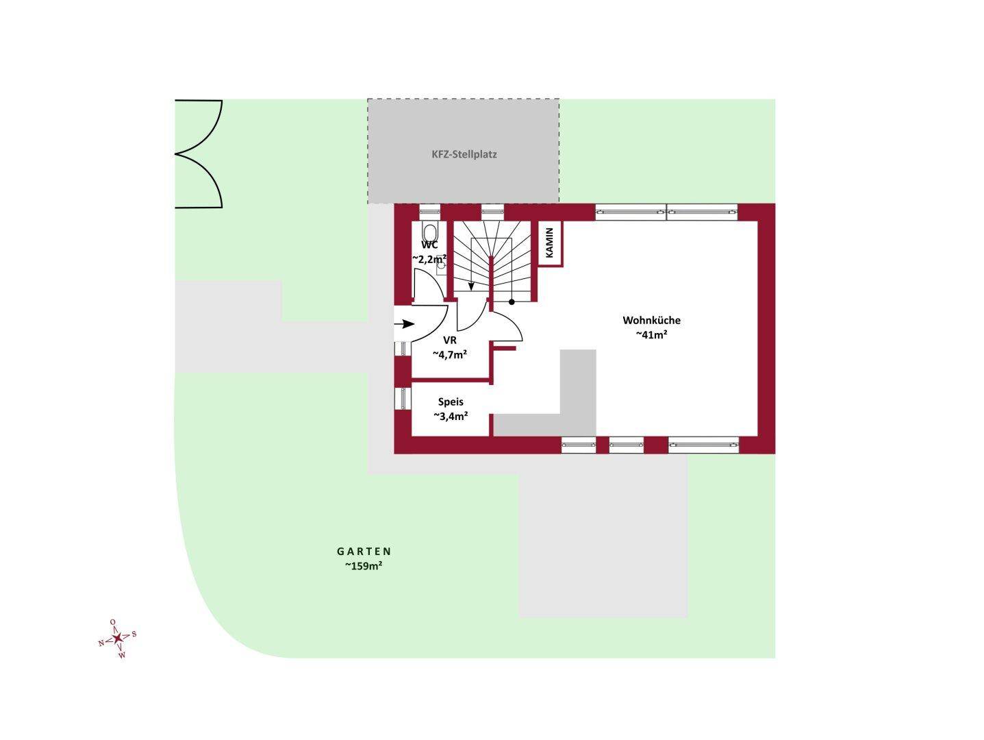 Grundriss des Erdgeschosses mit Wohnküche, Gäste-WC, Speisekammer, Garten und Stellplatz.