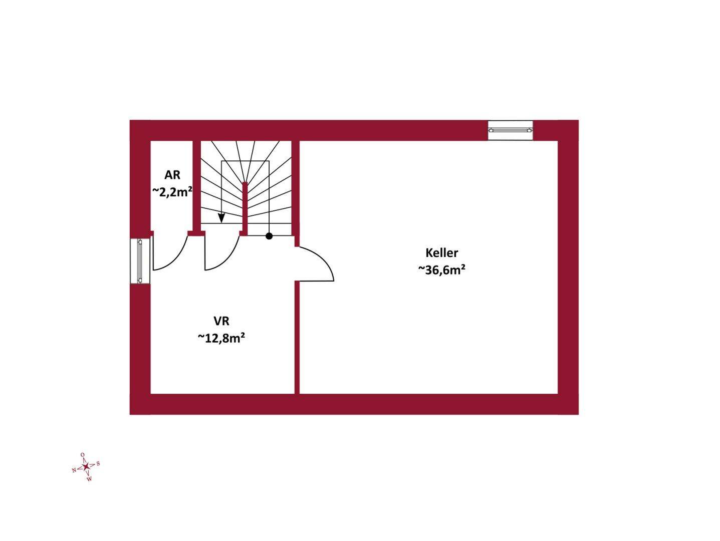 Grundriss des Kellergeschosses mit großem Kellerraum, Abstellraum und Vorraum.
