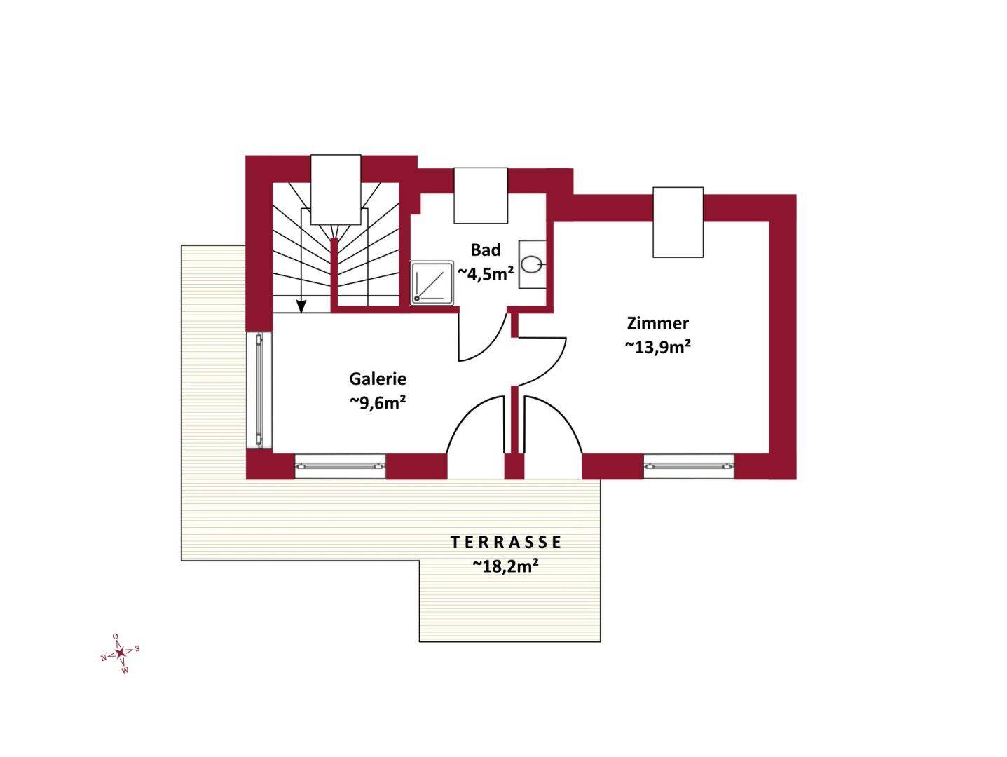 Grundriss des Dachgeschosses mit Zimmer, Bad, Galerie und großer Terrasse.