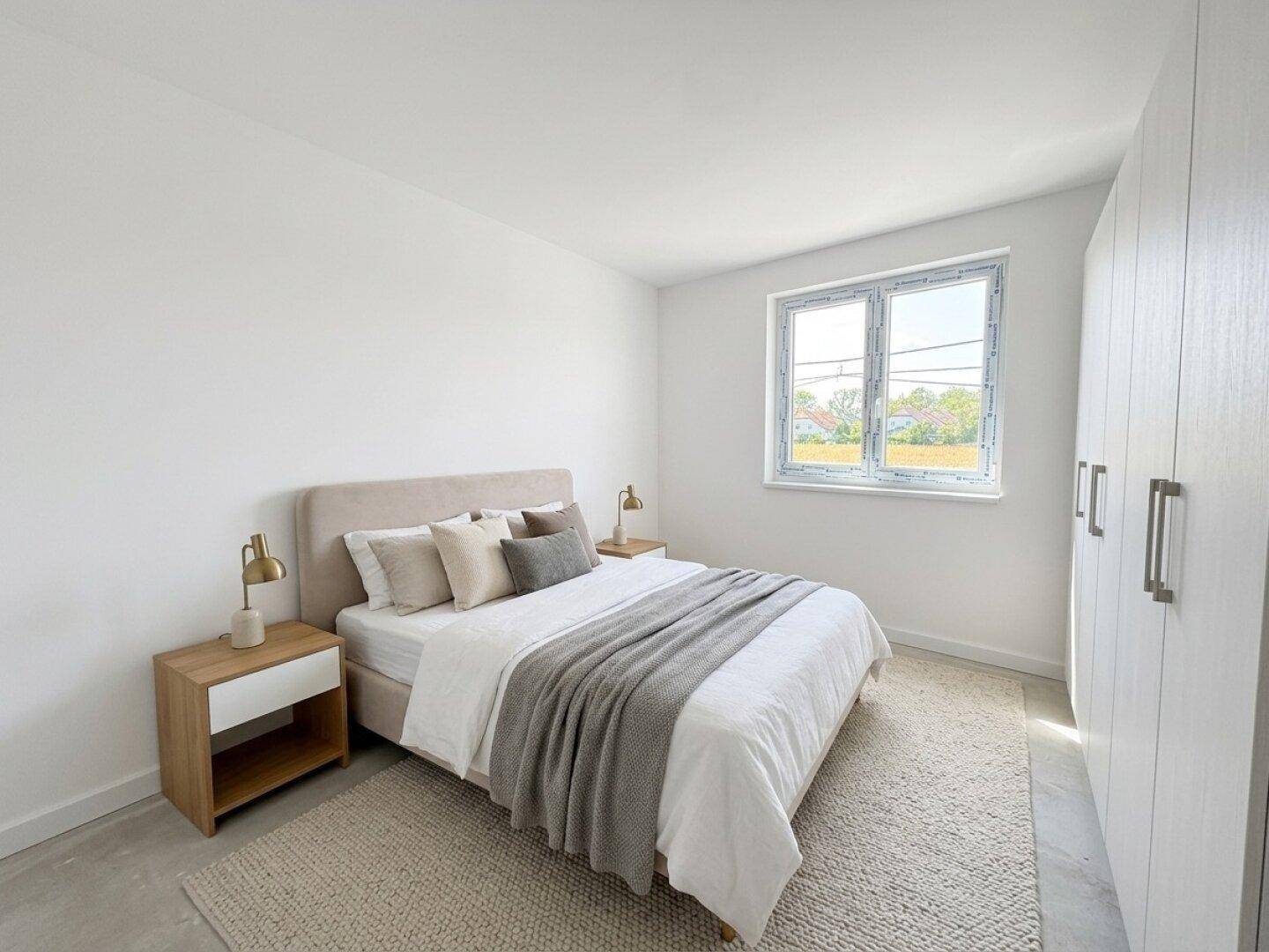 Helles Schlafzimmer mit modernem Bett, weißen Einbauschränken und Blick ins Grüne.