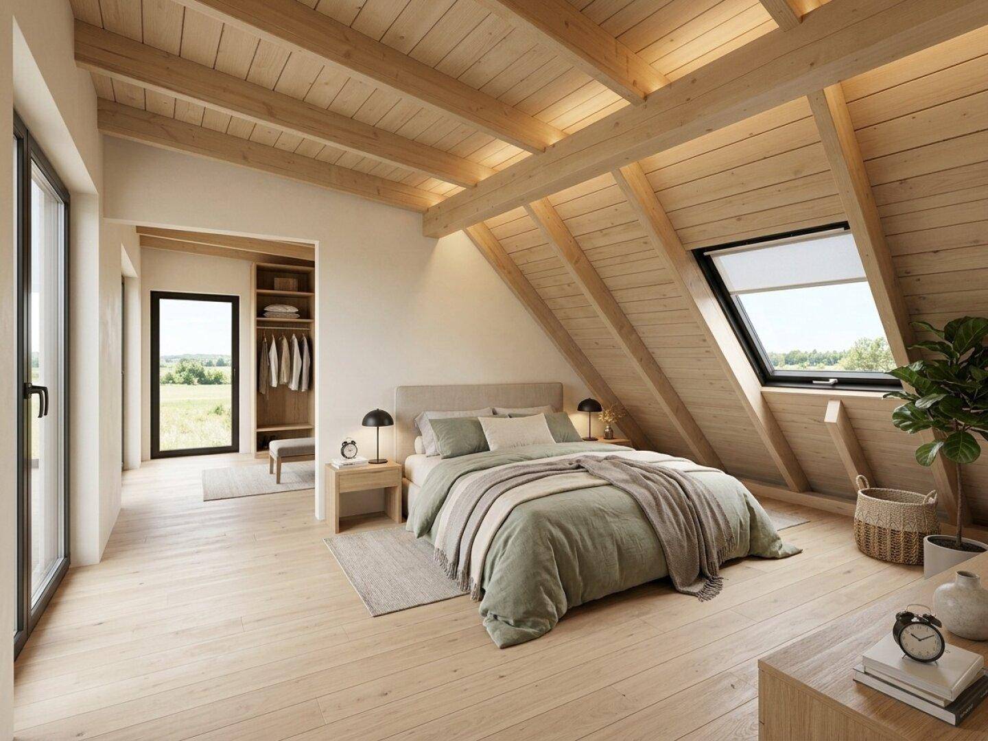 Gemütliches Dachgeschoss-Schlafzimmer mit Holzbalken, Dachschräge, begehbarem Kleiderschrank und viel Licht.