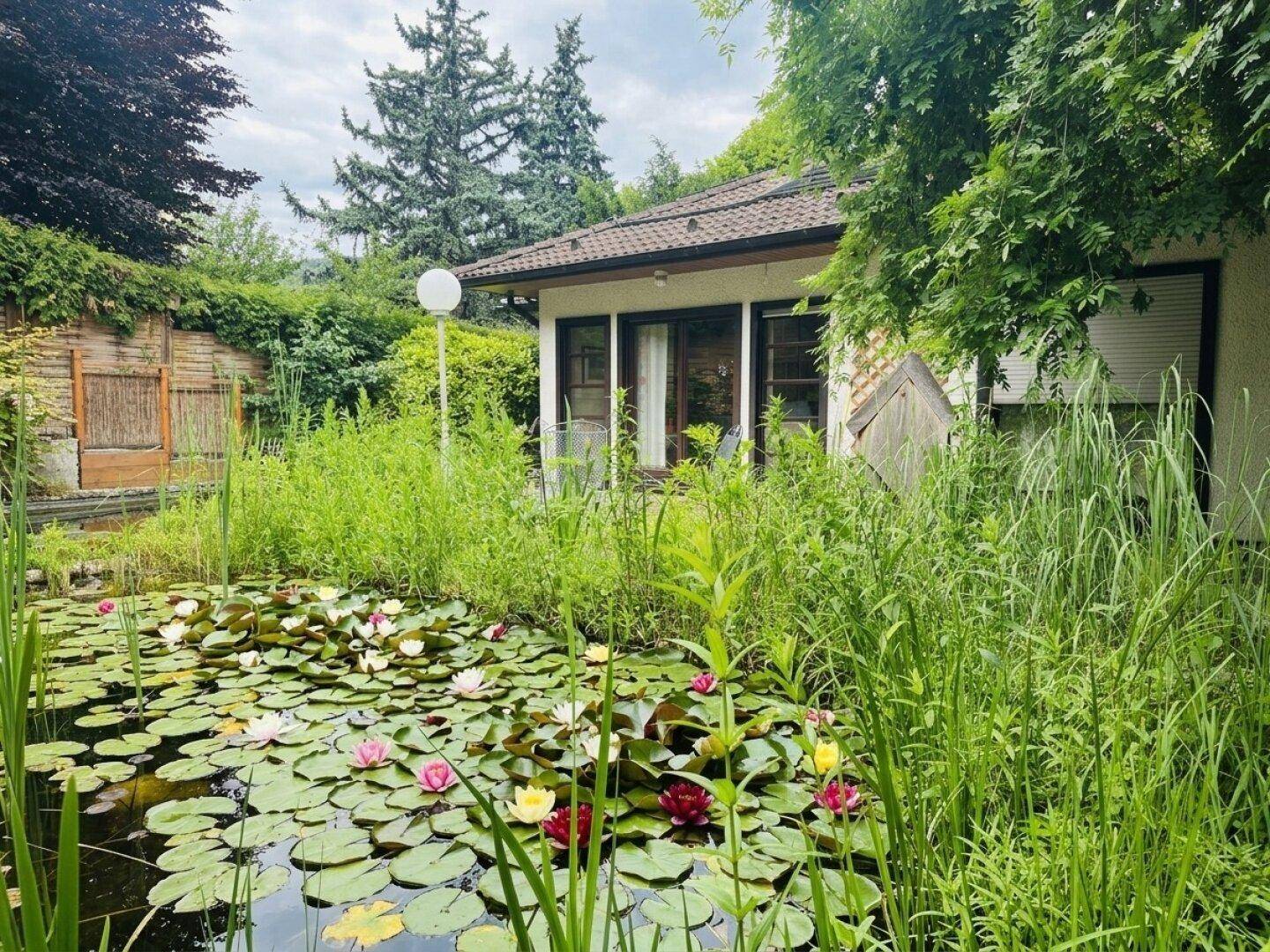 Gartenansicht des Hauses mit einem Teich voller Seerosen und üppiger Vegetation.