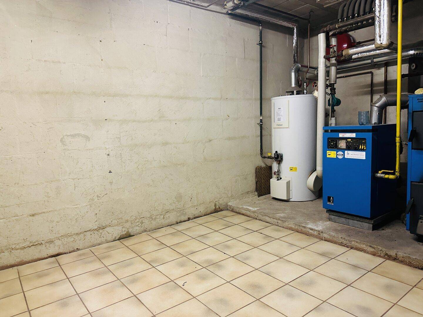 Heizungsraum im Keller mit Warmwasserbereiter und Heizungsanlagen.