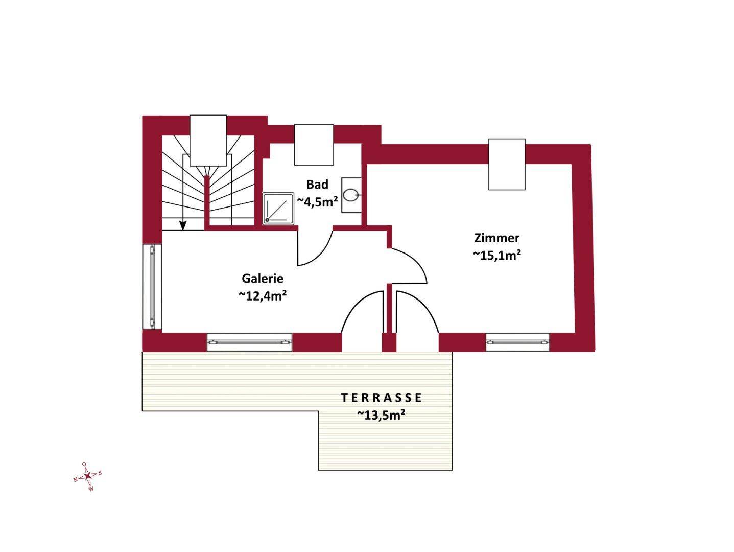 Grundriss des Dachgeschosses mit einem Zimmer, Bad und großer Terrasse.
