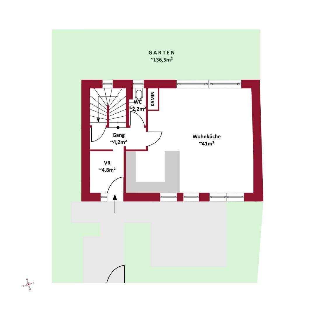 Grundriss des Erdgeschosses mit offener Wohnküche, Gäste-WC und Gartenzugang.
