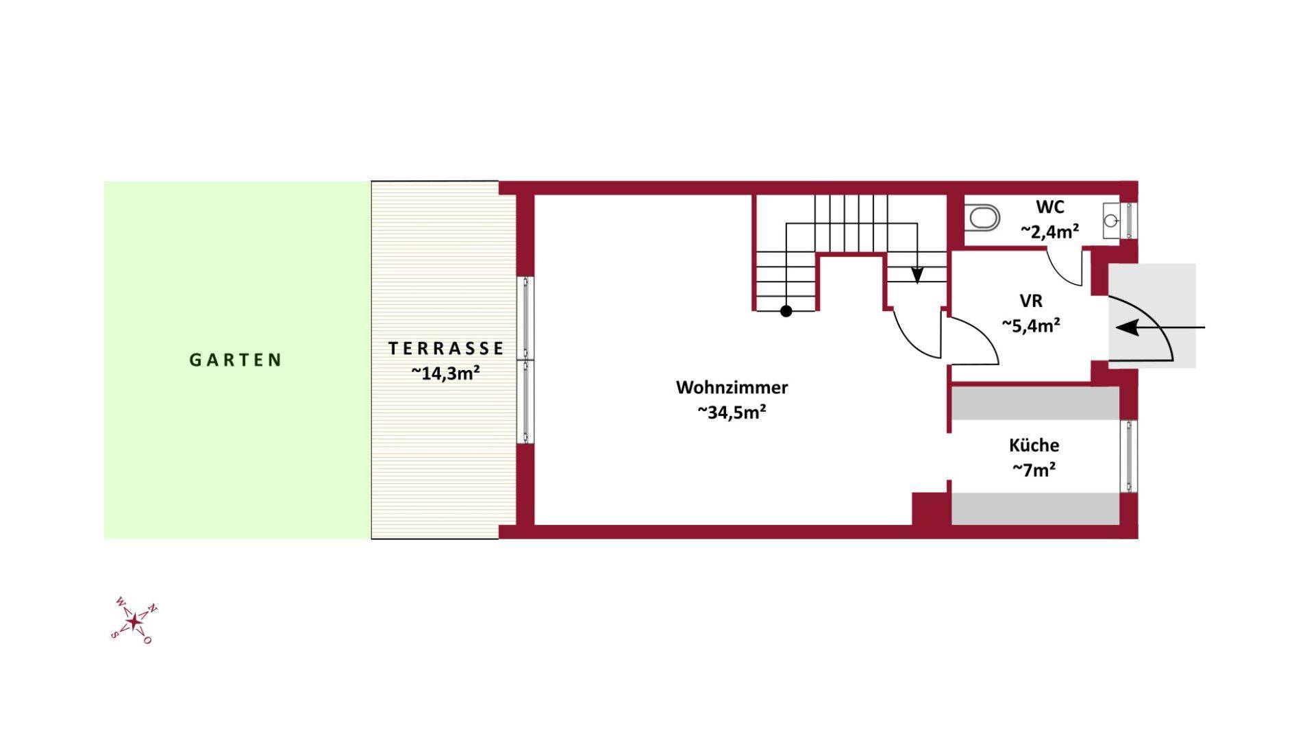 Grundriss des Erdgeschosses mit Wohnzimmer, Küche, WC, Terrasse und Garten.