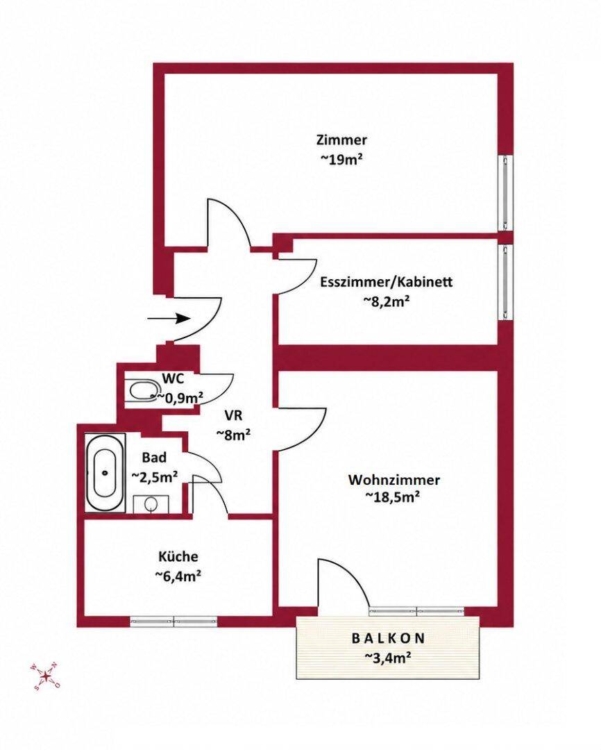 Grundriss einer Wohnung mit Zimmern, Bad, WC, Küche und Balkon.