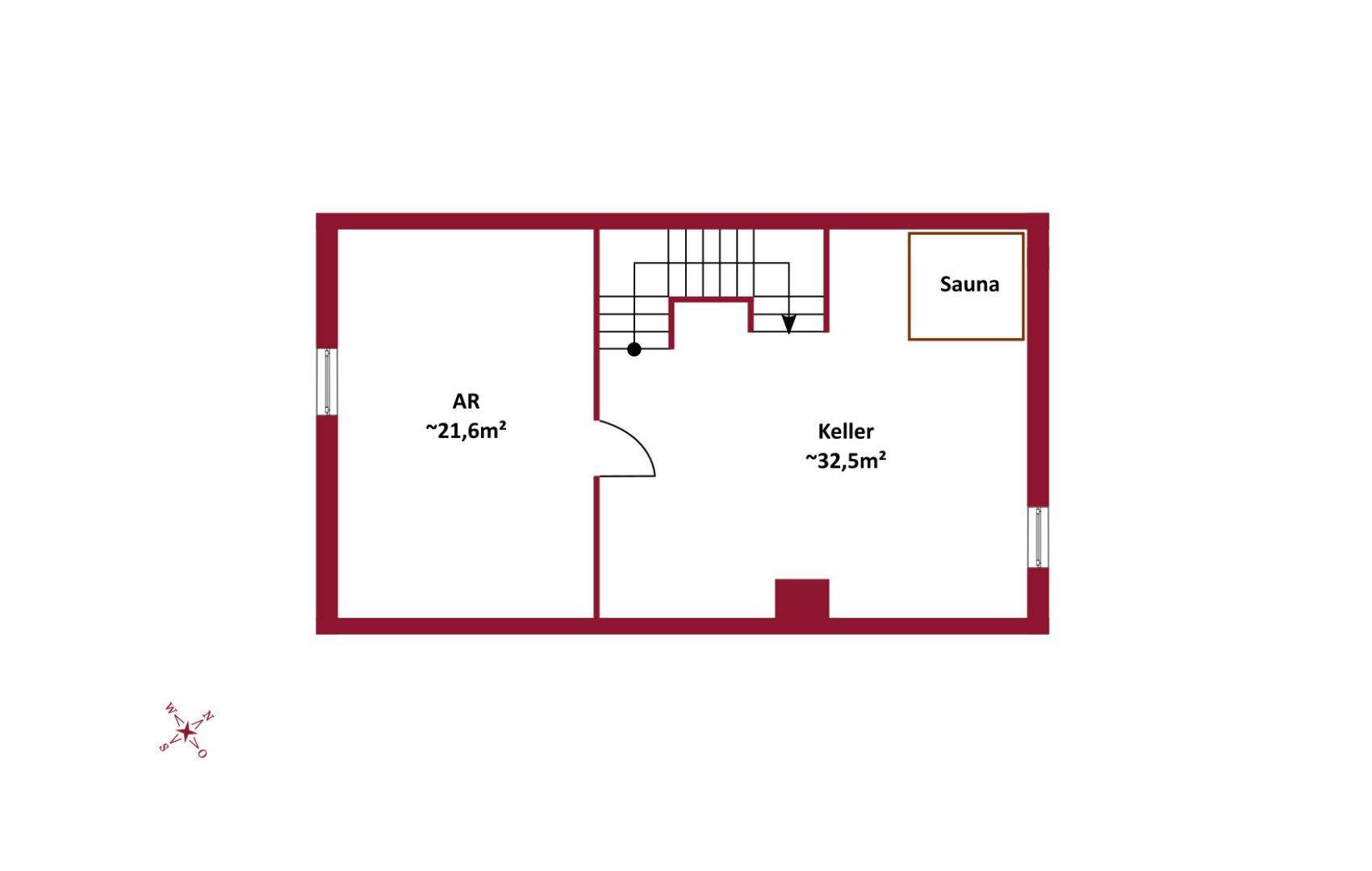 Grundriss des Kellers mit Abstellraum, großem Kellerbereich und Sauna.