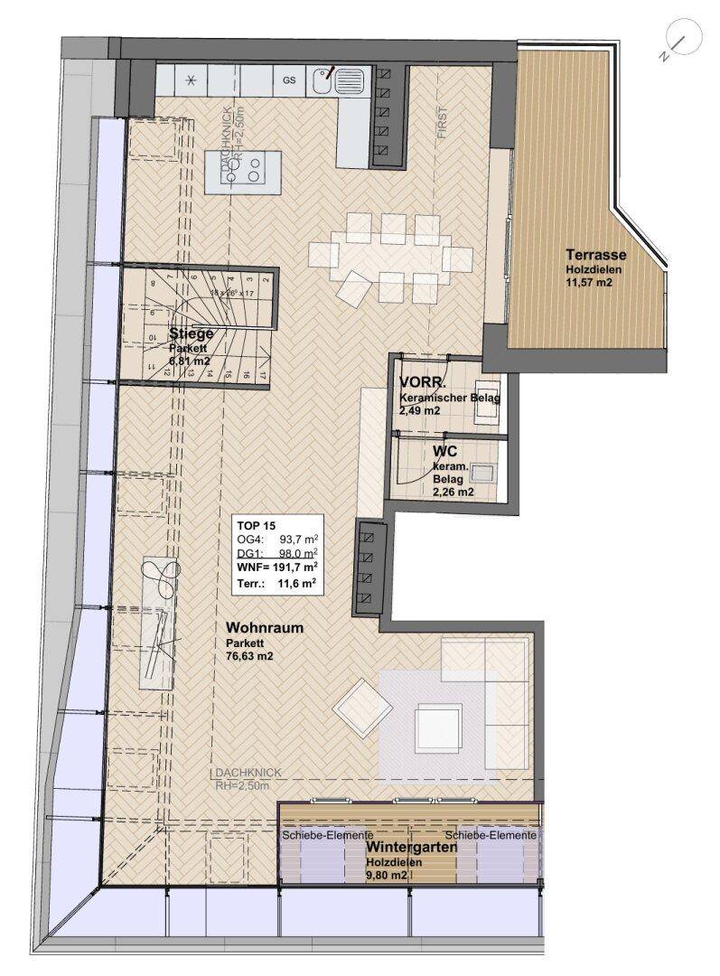 Grundriss des Hauptgeschosses mit offenem Wohnbereich, Küche, Wintergarten und Terrasse.