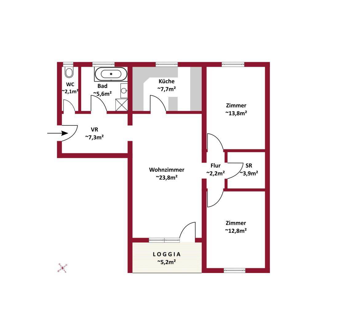 Grundriss einer Wohnung mit separater Küche, zwei Schlafzimmern, Bad, Gäste-WC und Loggia.
