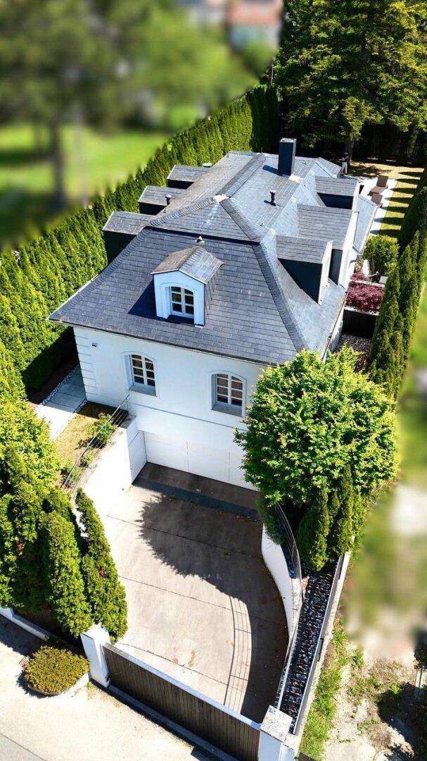 Vogelperspektive des Hauses mit Zufahrt zur Garage, umgeben von hohen Hecken und Bäumen.