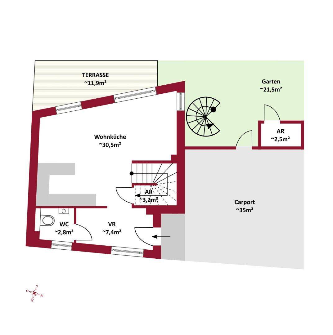 Grundriss des Erdgeschosses mit offener Wohnküche, Terrasse, Garten und Carport.