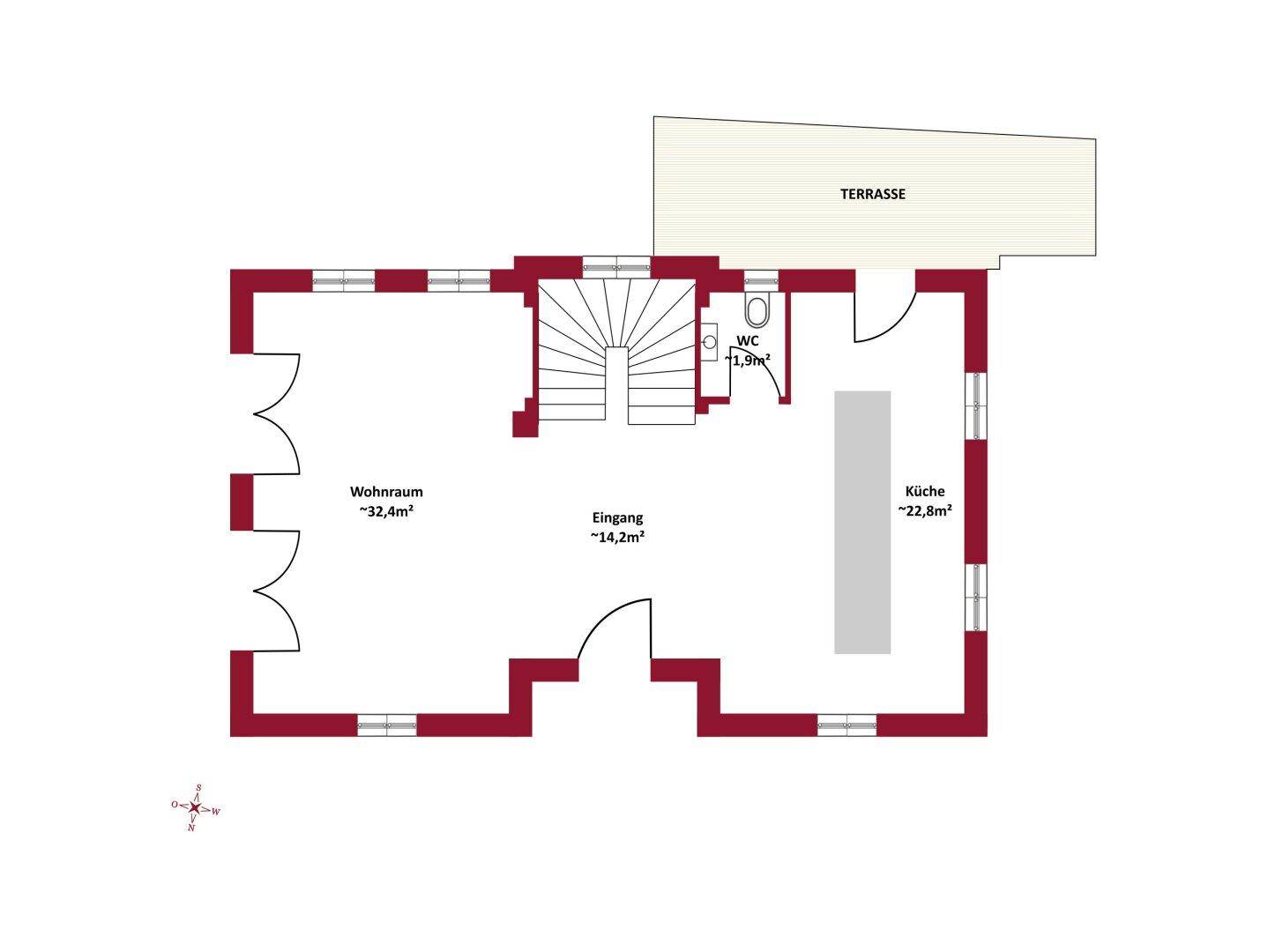 Grundriss des Erdgeschosses mit Wohnraum, Küche, Eingang und Terrasse. Praktische und offene Gestaltung.
