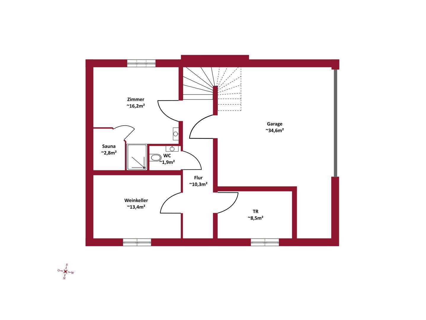 Grundriss des Untergeschosses mit Zimmer, Sauna, Weinkeller und Garage. Zusätzlicher Stauraum und Wellnessbereich.