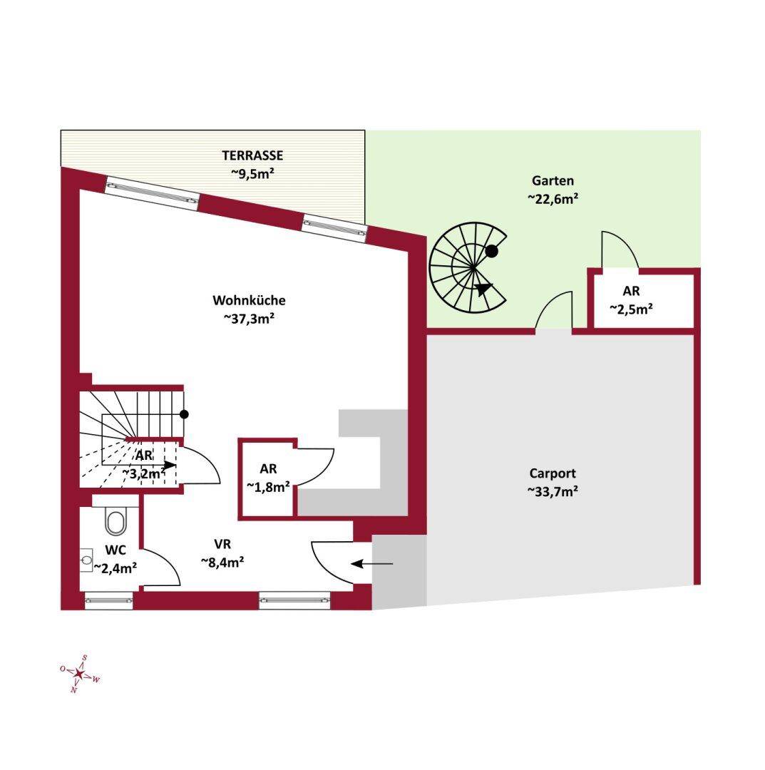Grundriss des Erdgeschosses mit offener Wohnküche, Terrasse, Garten und Carport.