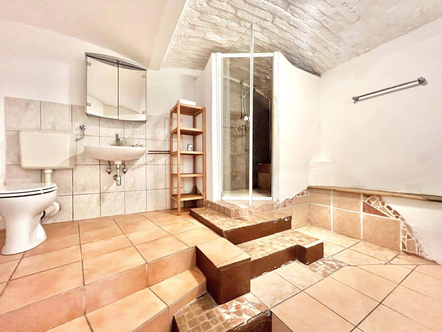 Badezimmer mit Dusche, WC und Terrakottafliesen, unter einer markanten Gewölbedecke.