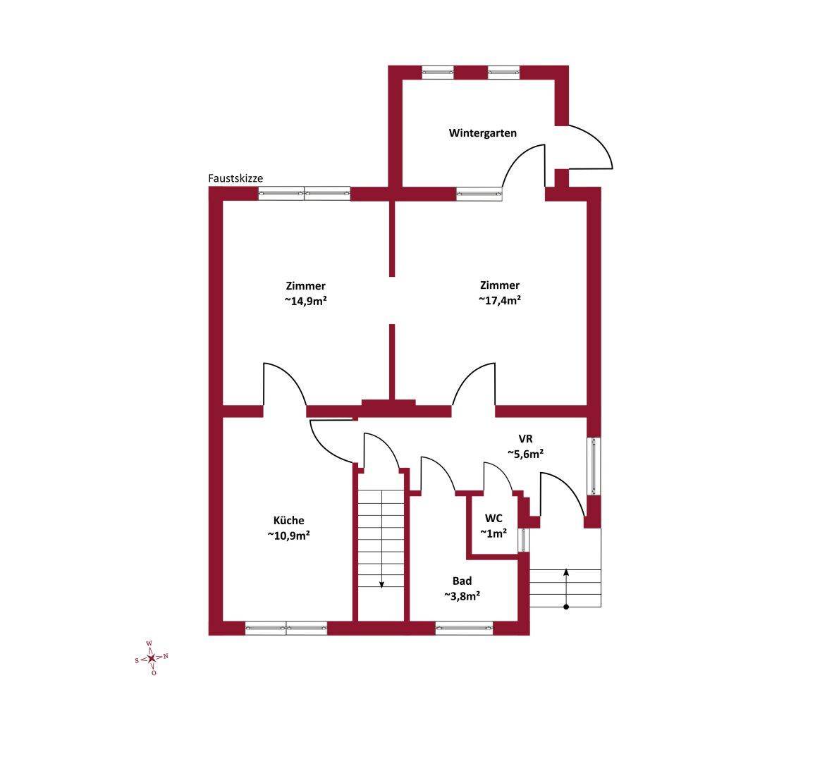 Grundriss des Erdgeschosses mit Küche, Bad, WC, zwei Zimmern und Wintergarten.