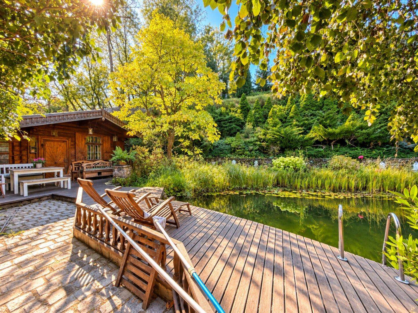 Sonnige Holzterrasse am Teich mit Liegestühlen und einer rustikalen Holzhütte im Hintergrund, ideal zum Entspannen.