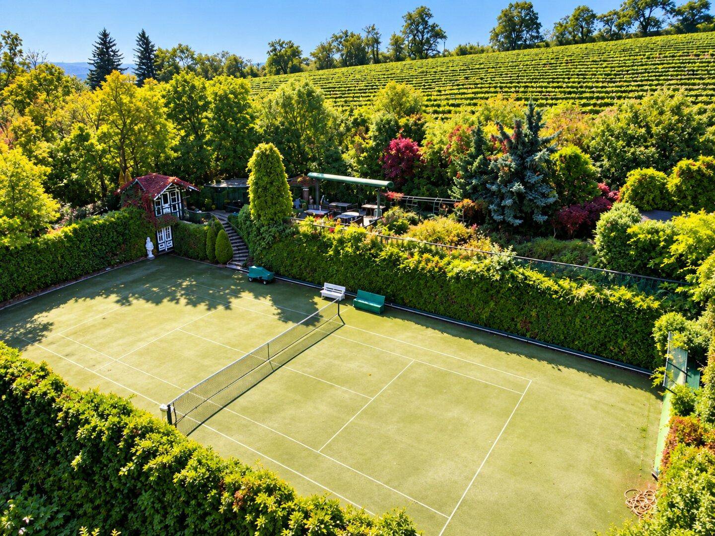 Gepflegter Tennisplatz umgeben von hohen Hecken, mit malerischem Blick auf die umliegenden Weinberge.