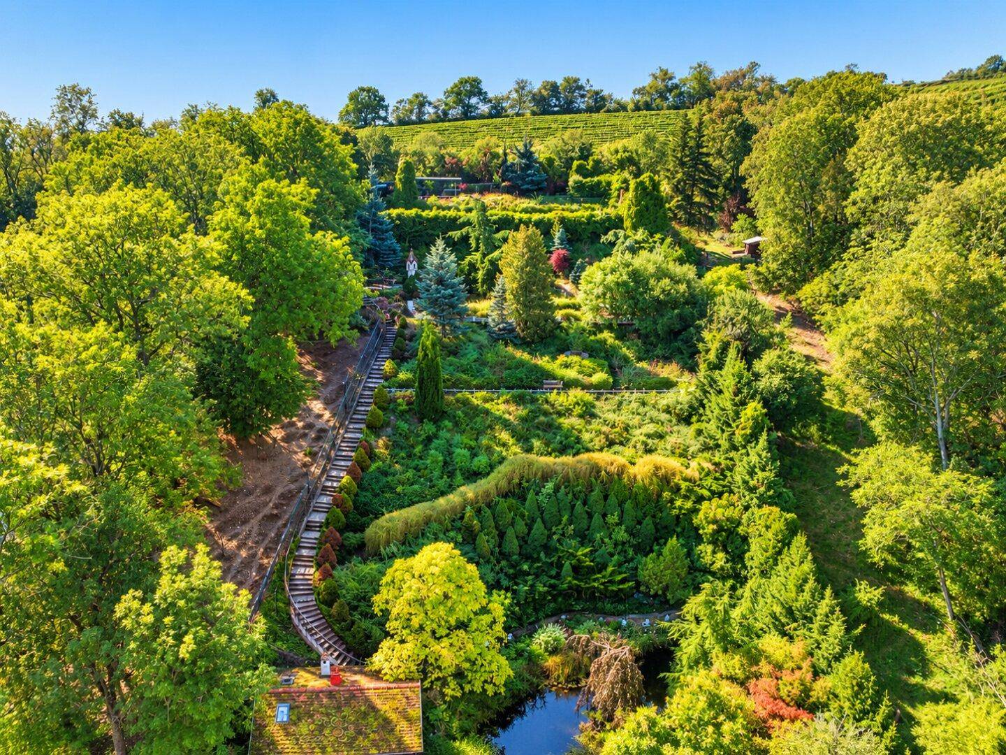 Großzügiger Terrassengarten mit langer Treppe, vielfältiger Bepflanzung, Teich und einem kleinen Gebäude am unteren Ende.