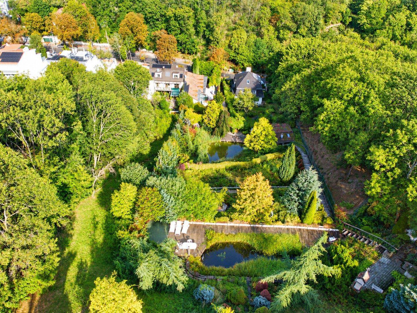 Weitläufige Gartenanlage mit mehreren Teichen, Holzstegen und angrenzenden Wohnhäusern sowie Weinbergen.