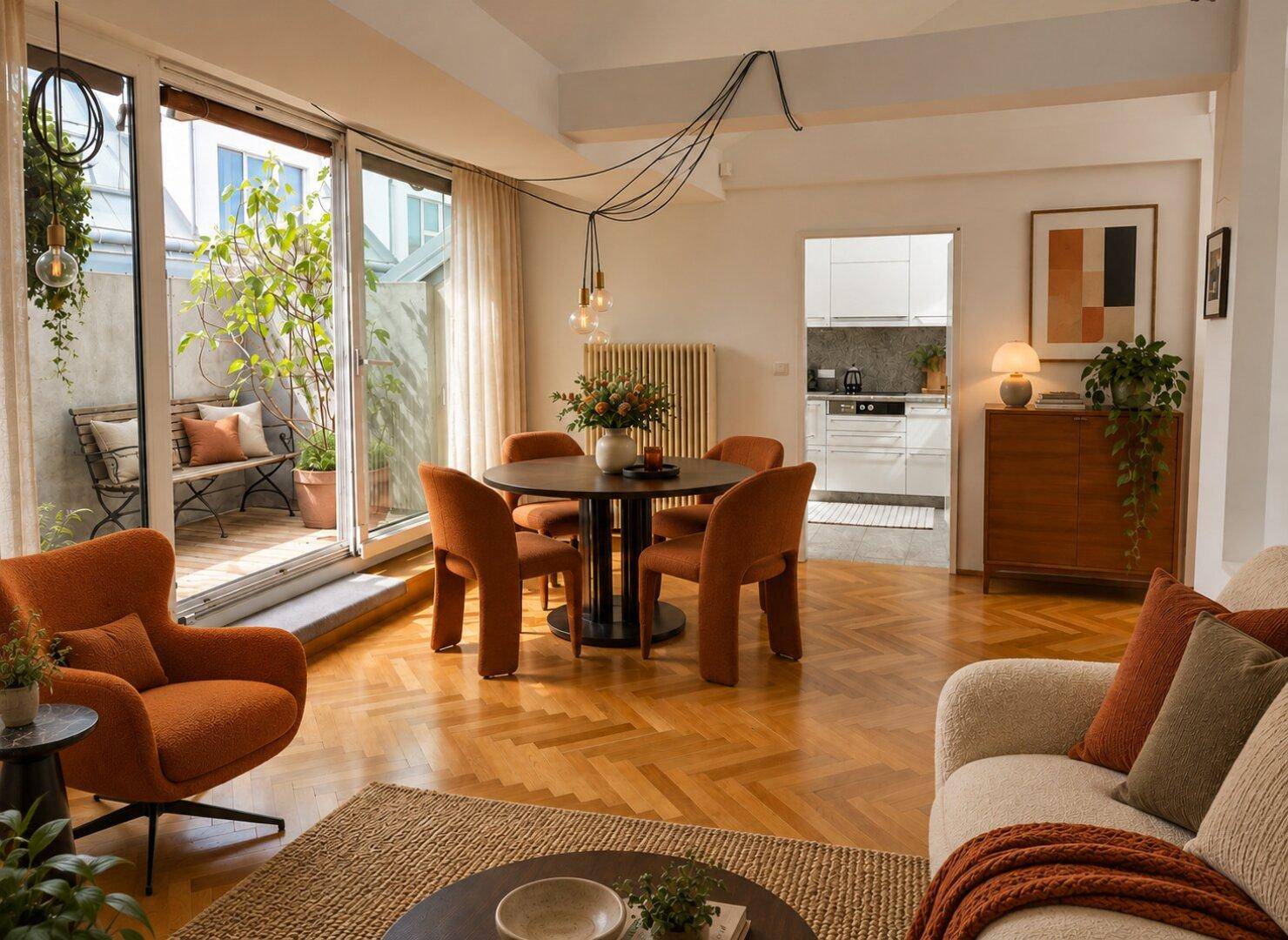 Gemütlicher Wohn-Essbereich mit Zugang zu einer Terrasse und Blick in die moderne Küche.