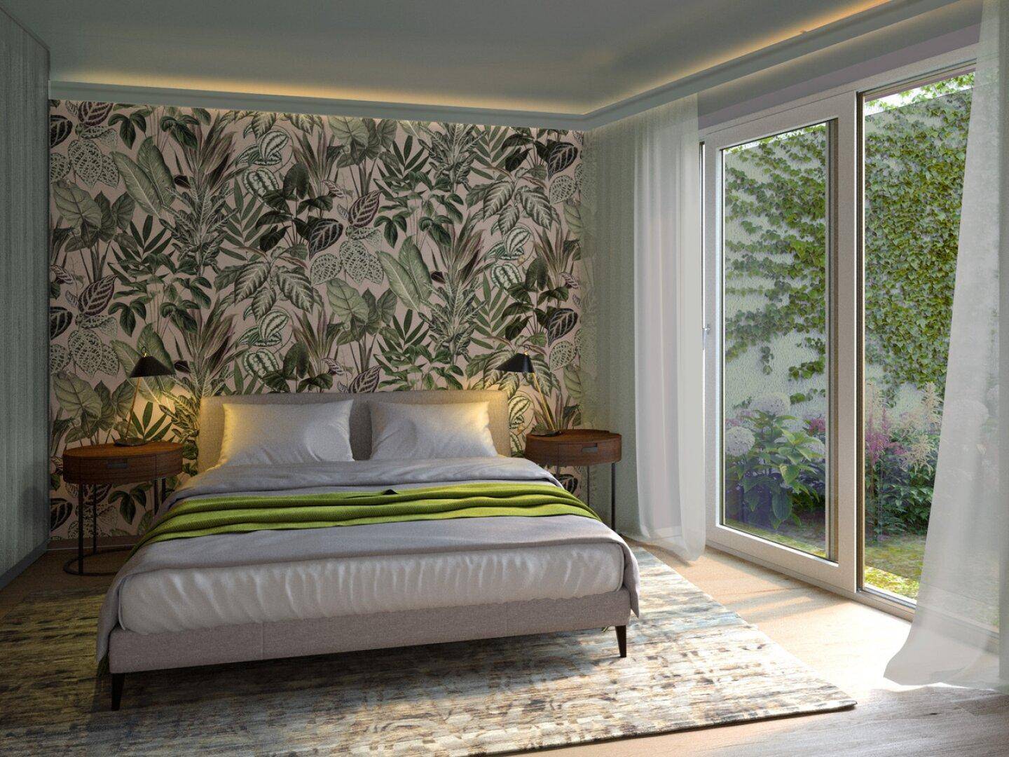Modernes Schlafzimmer mit auffälliger Tapete, Holzboden und direktem Zugang zum Garten.