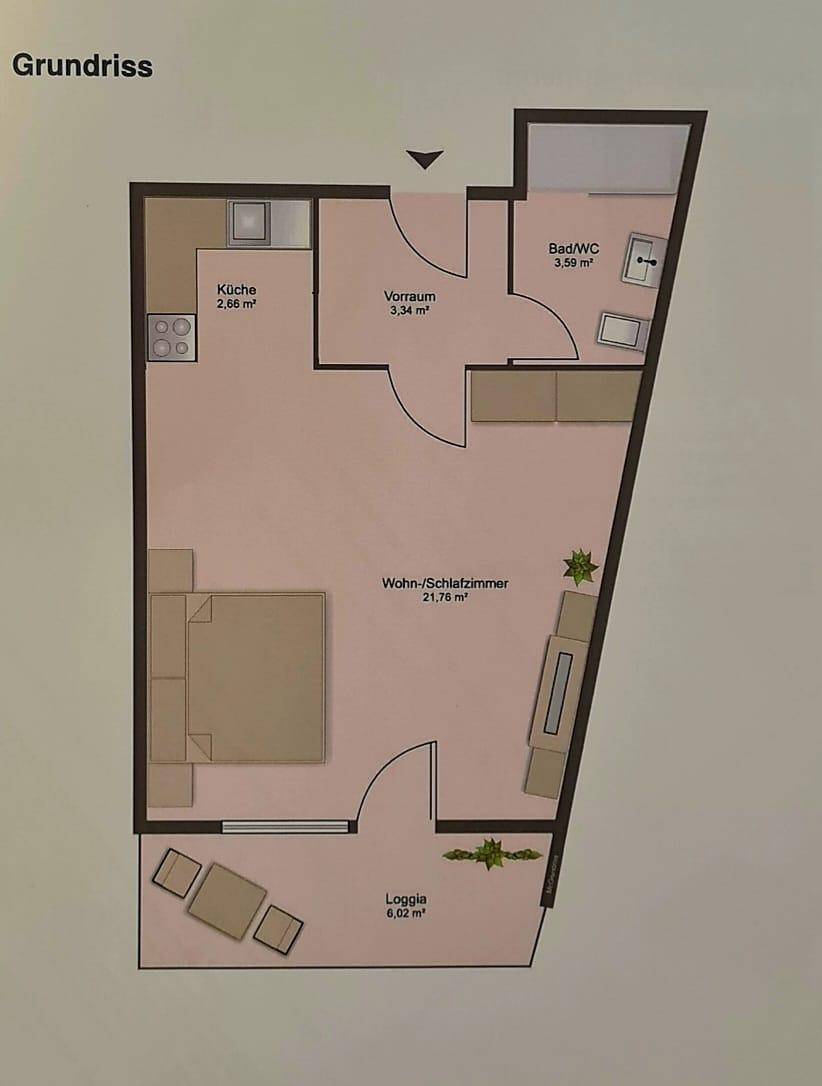 Detaillierter Grundriss einer Wohnung mit separater Küche und Loggia.