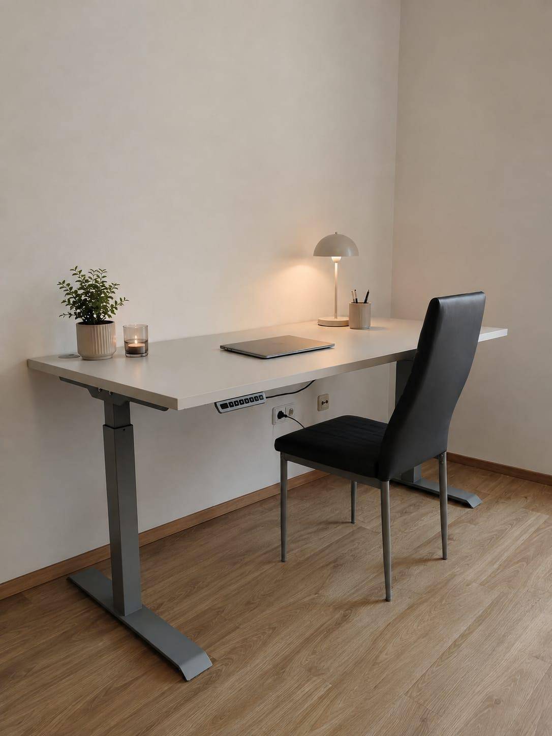 Heller Arbeitsbereich mit höhenverstellbarem Schreibtisch und ergonomischem Stuhl.