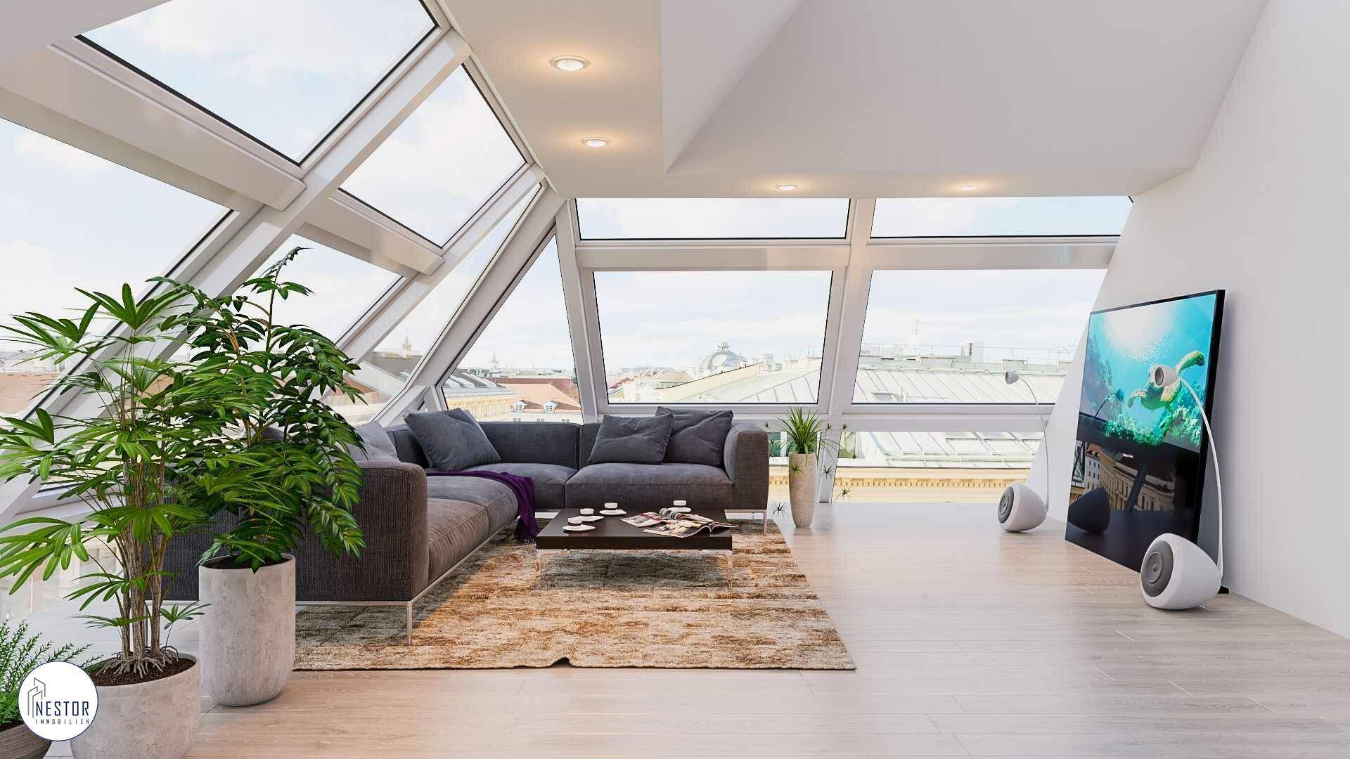 Helles Wohnzimmer mit schrägen Glasfronten, modernem Sofa und weitem Blick über die Stadt.