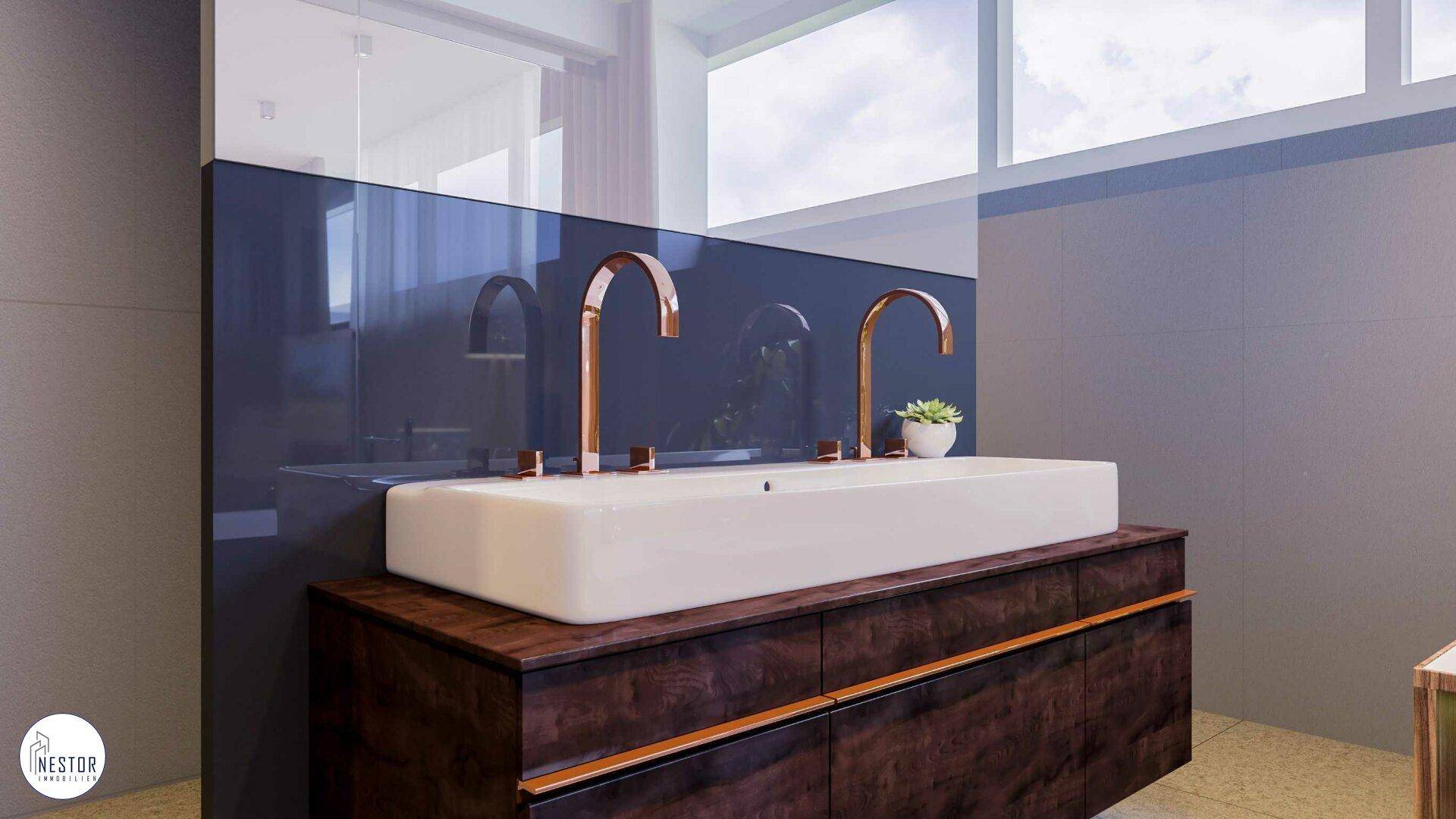 Modernes Badezimmer mit Doppelwaschbecken, eleganten Armaturen und großem Fenster für Tageslicht.